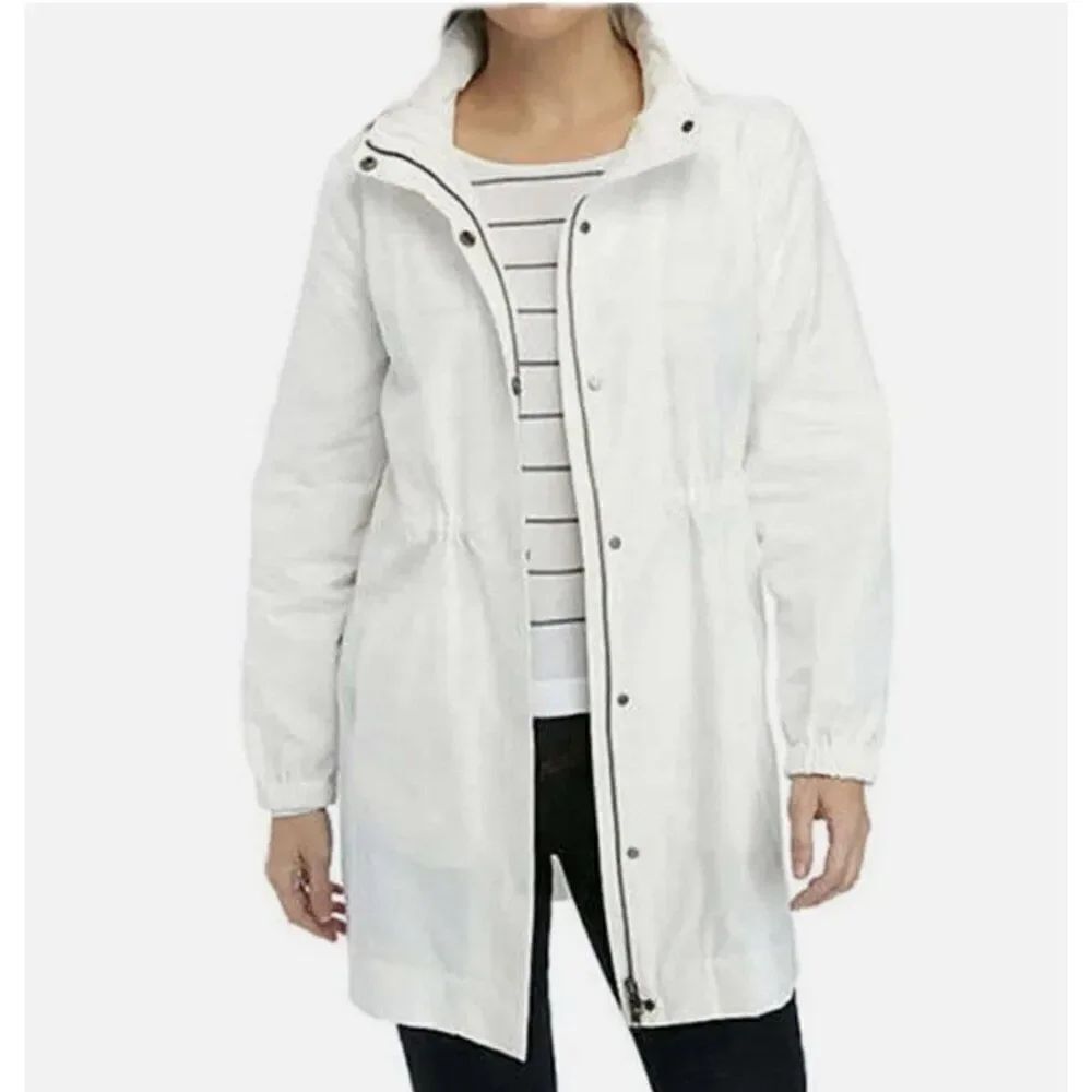 Eileen Fisher Womens Jacket S Ivory Hidden Hood Snap Full Zip S9AKO-J5061M NWT